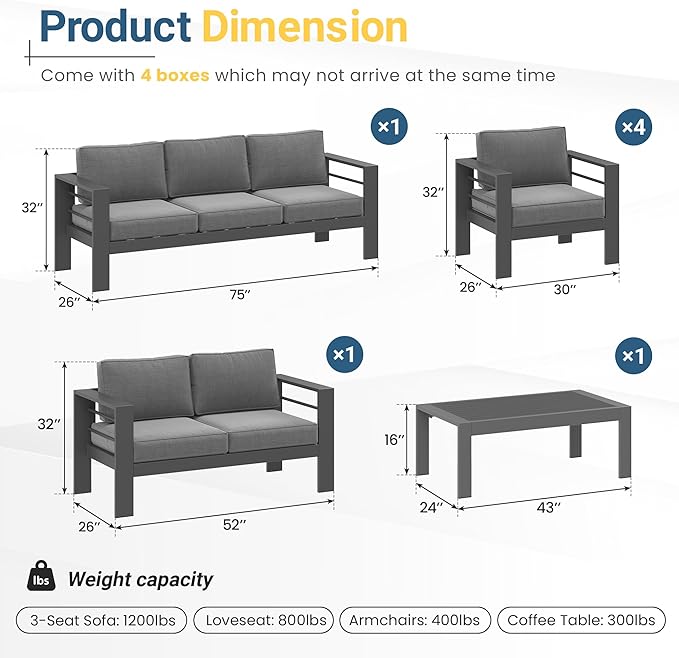 Wisteria Lane 7-Piece Outdoor Patio Furniture Set, Outdoor Sectional Furniture with Upgraded Cushions, Outdoor Conversation Seating Set for Balcony, Garden, Deck, Backyard, Grey