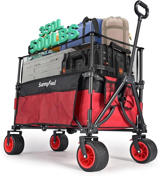 SUNNYFEEL Heavy Duty Collapsible Outdoor Utility Wagon Cart 500LB Capacity Adjustable Handlebar,Foldable Beach Wheels Stable Durable Oxford Fabric for Shopping Garden Camping (Red, Tall Version)