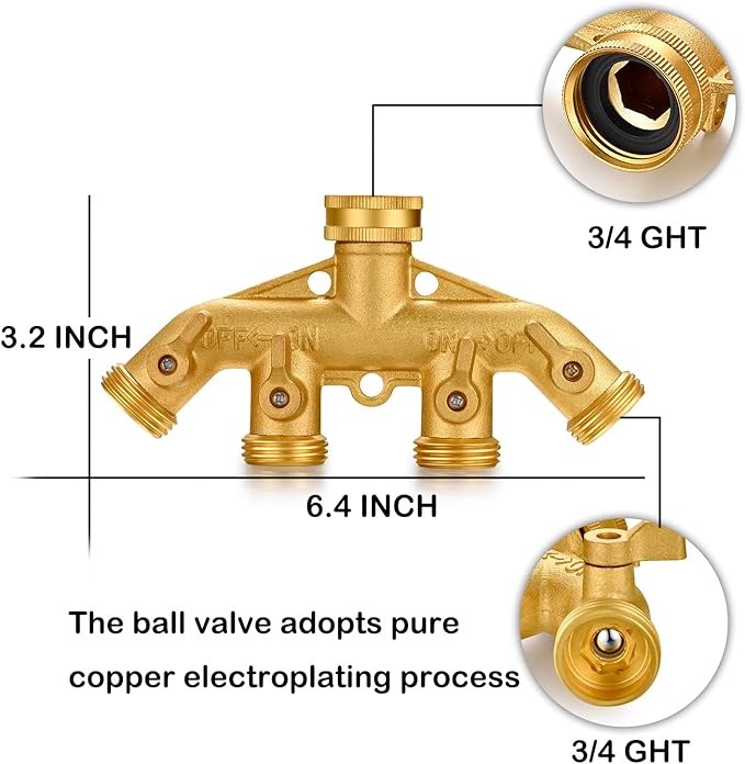 Garden Hose Splitter Heavy Duty Brass Connector, Garden Faucet Splitter for Outdoor Faucet Hose Bib Splitter, Adapter with Comfortable Grip Shut Off Valves (4 Way splitter)