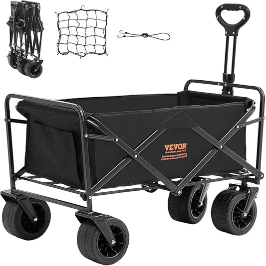 VEVOR 350lbs Collapsible Foldable Wagon Cart, Heavy Duty Foldable Utility Beach Wagon with Big Wheels, Portable Grocery Camping Cart with All Terrain Wheels and Drink Holder