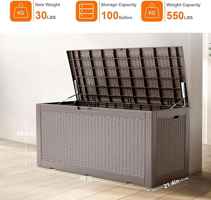 100 Gallon Deck Box,Resin Outdoor Storage Box with Lockable for Patio Furniture, Pool Accessories, Garden Tools Waterproof Outside Storage Box, Grey Pattern