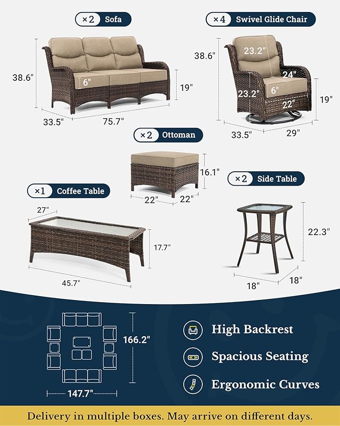 HILLGA Luxury Patio Furniture Set with 6-inch Thick Cushion, Outdoor Couch and High Back Swivel Rocker Patio Chairs, 11PCS Wicker Conversation Set for Deck Yard and Poolside, Beige (V2)