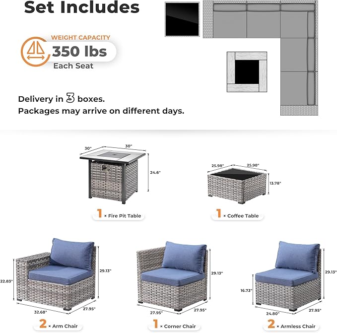 ovios 7 Pieces Patio Furniture Set, Outdoor Wicker Sectional Sofa with 30 Inch Fire Pit Table Comfy Cushions, Modern Modular Deep Seat Rattan Couch Conversation Set, Denim Blue