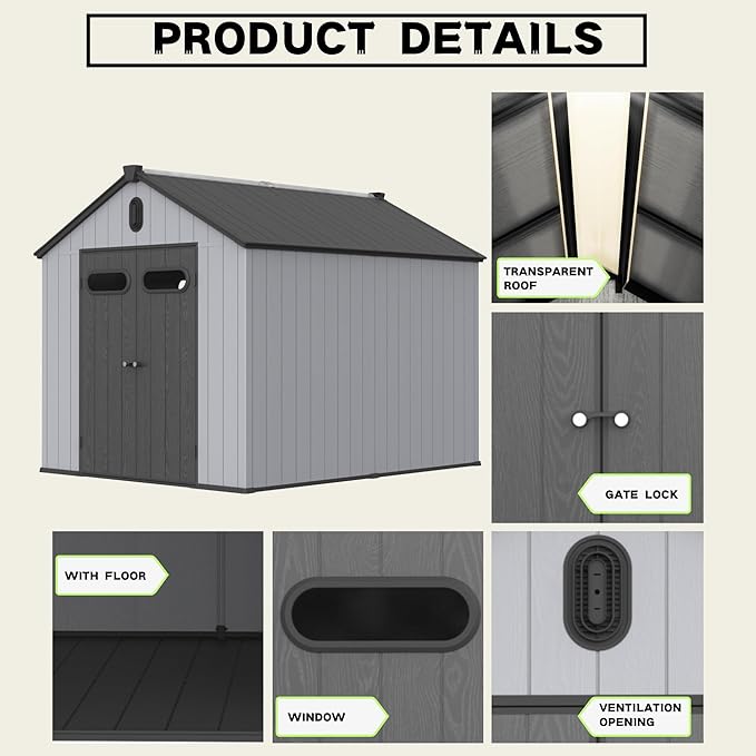 8x10 FT Outdoor Storage Shed with Hinge Door,Window & Air Vent,Outdoor Plastic Tool House W/Waterproof Tilted Roof,Heavy Duty Stroage Unit for Backyard,Patio,Lawn,Garden,Grey+Black