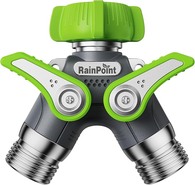 RAINPOINT Garden Hose Splitter, 2 Way Heavy Duty Water Hose Y Spigot Splitter with Shutoff Valves, 100% Metal Body Outdoor Faucet Splitter, 1.9" Extra Long Metal Handle, 3/4" GHT Thread (2, Green)