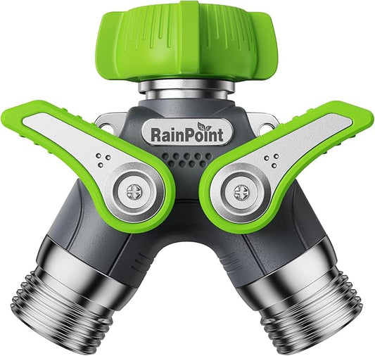 RAINPOINT Garden Hose Splitter, 2 Way Heavy Duty Water Hose Y Spigot Splitter with Shutoff Valves, 100% Metal Body Outdoor Faucet Splitter, 1.9" Extra Long Metal Handle, 3/4" GHT Thread (1, Green)