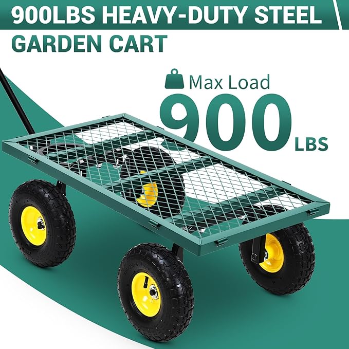 Steel Garden Cart on Wheels, 880LBS Pullable Metal Garden Wagon, 180° Rotating Handle and Removable Sides for Outdoor, Farm, Yard, Beach