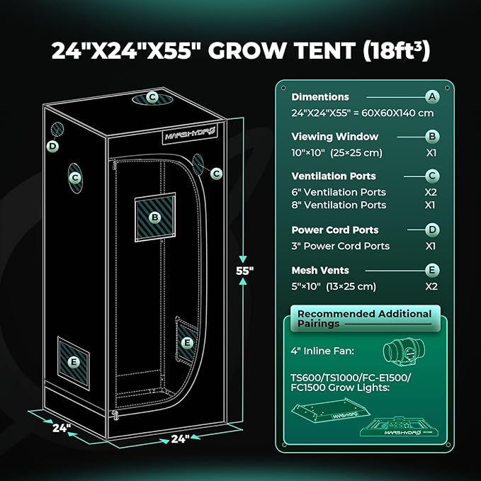 MARS HYDRO 2x2 Advanced Grow Tent, 24"x24"x55" High Reflective Mylar 1680D for Hydroponics Indoor Plant Growing, with Observation Window,Floor Tray and Smooth Zipper for TS600/TS1000
