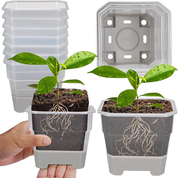 Aobiono 10 Packs 4 Inch Clear Nursery Pots with Reinforced Silicone Base for Easy Transplant, Reusable Seed Starter Seedling Small Plant Flower Planter Pots with Drainage Holes (Gray, 10 Packs)