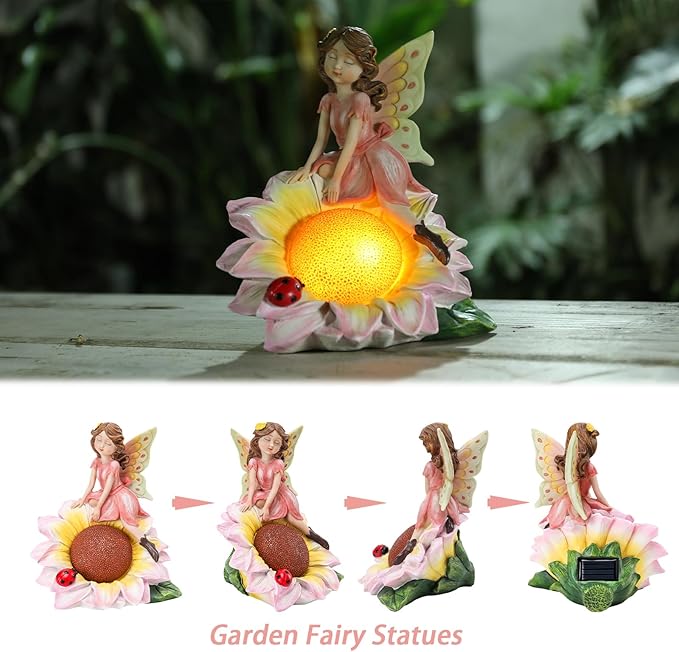 Fairy Garden Statues Outdoor Decor, Solar Fairy Lights Outdoor Sunflower Decor Lawn Ornaments Resin Sculptures Fairies Garden Decor for Outside Yard Art Patio Porch, Gifts for Women Mom