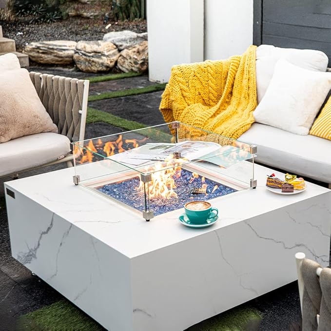 Bianco Marble Fire Pit 39.4" x 39.4" Outdoor Patio Firepit Includes Fire Glass Modern Fire Pits & Outdoor Fireplaces for Garden, Deck, Indoor & Outdoor Heating