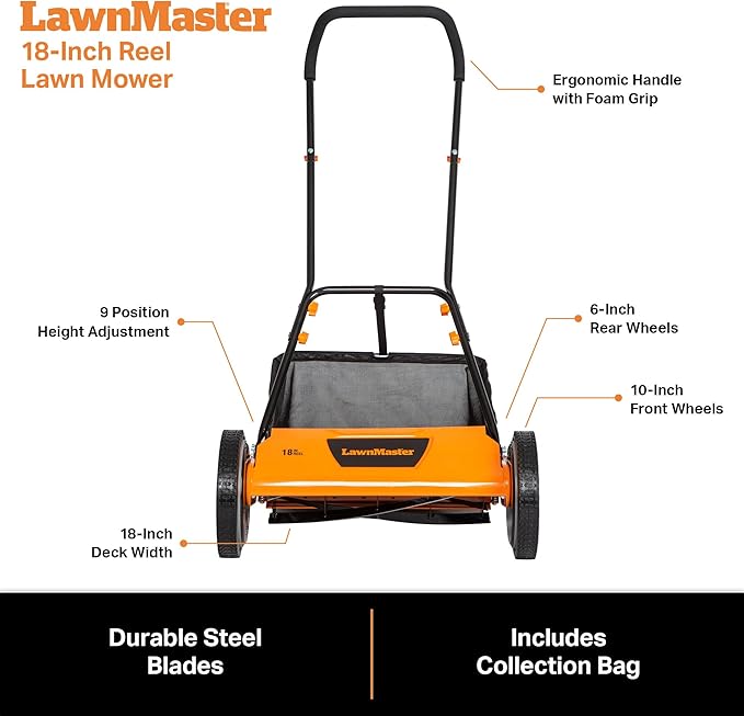 LawnMaster LMRM1801 Push Reel Lawn Mower 18-Inch 5-Blade