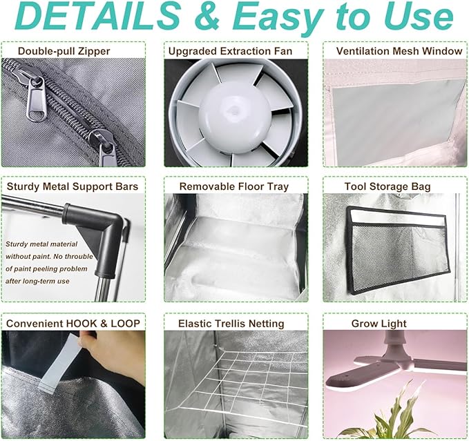 Grow Tent Kit Complete System High Reflective Mylar Indoor Grow Tent Hydroponics Growing Tent with Full Spectrum LED Grow Light Observation Window, Ventilation Fan,Carbon Filter (48"x24"x80")