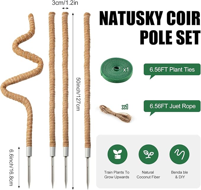 4 Pack Moss Pole, 50 Inch Moss Poles for Climbing Plants Stakes Indoor Monstera Support Tall Large Bendable Long Coco Coir DIY for Potted Plants, Pothos, Philodendron
