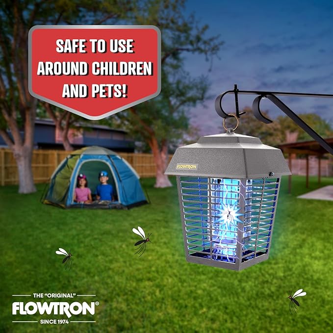 Flowtron Electric Bug Zapper 1/2 Acre Outdoor Insect Control with Dual Lure Method, 15W UV Light & Octenol Attractant for Fly & Mosquito, 5600V Kill Grid, Made in USA, UL Certified - Grey Color