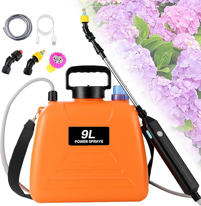 Battery Powered Sprayer 2.4 Gallon, 2025 Upgraded Electric Garden Sprayer, Automatic Power Weed Spray Battery Operated with Adjustable Shoulder Strap and Rechargeable Handle, 3 Mist Nozzles (Orange)