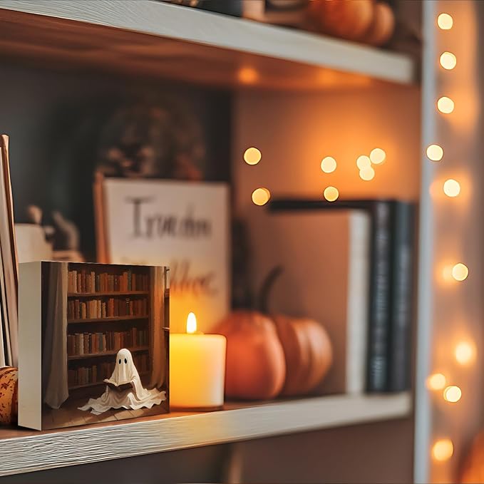 Mtrgdn Cute Halloween Decor,Halloween Decorations Indoor,Ghost Reading Desk Decor Wooden Box Sign,Halloween Home Office Kitchen Bathroom Bedroom Coffee Bar Table Shelf Wall Decorations,5x5 Inch