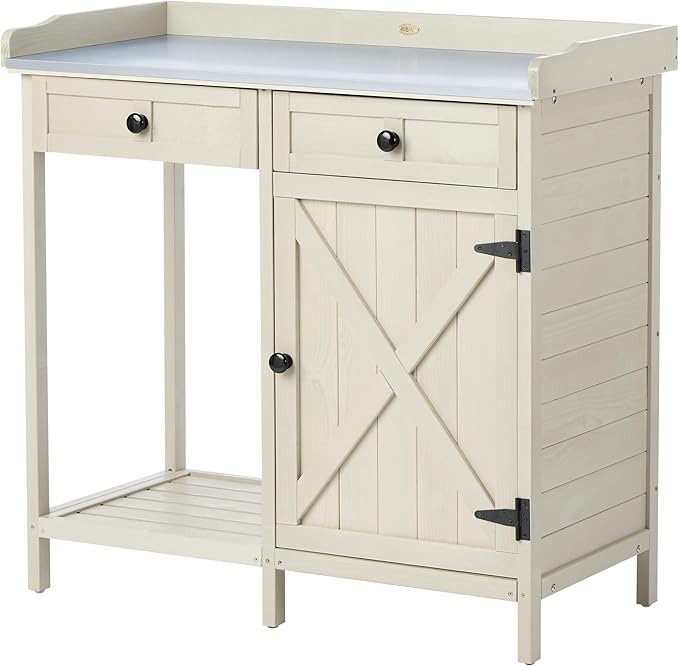 Outdoor Potting Bench with Storage Cabinet & Metal Tabletop, Garden Work Table, Wood Planting Workstation for Patio, w/Drawer