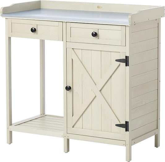 Outdoor Potting Bench with Storage Cabinet & Metal Tabletop, Garden Work Table, Wood Planting Workstation for Patio, w/Drawer