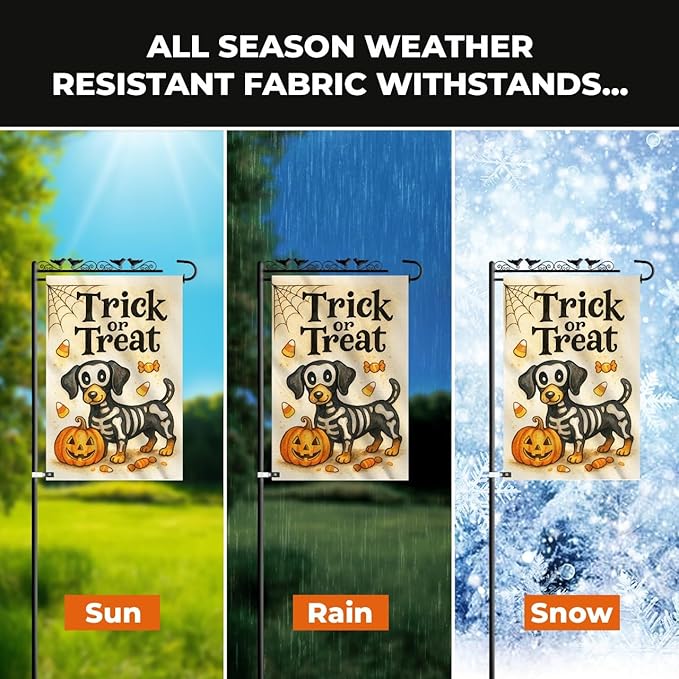 Skeleton Dachshund Dog Halloween Garden Flag – Trick or Treat Pumpkin Yard Flag 12x18, Double Sided Burlap Outdoor Decoration