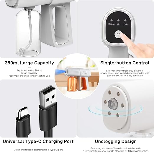 Professional Disinfectant Fogger Machine, 380ml Wireless Nano Sprayer Gun Handheld Sanitizer Fogger, Blue Light Foggers for Touchless Sanitization