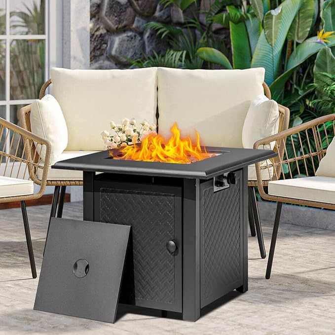 28 Inch Propane Fire Pit Table, 50,000 BTU Steel Gas Fire Pits for Outside,Outdoor Gas Firepit with Lid and Lava Rocks,CSA Certified Propane Firepit for Paito Garden Backyard,Add Warmth to Gatherings