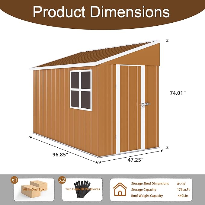 8x4 FT Outdoor Steel Storage Shed with Clear Windows, Outswing Lockable Door & Ventilation, Brown and White Weather-Resistant Metal Tool Shed for Garden, Backyard, Lawn, and Utility Storage