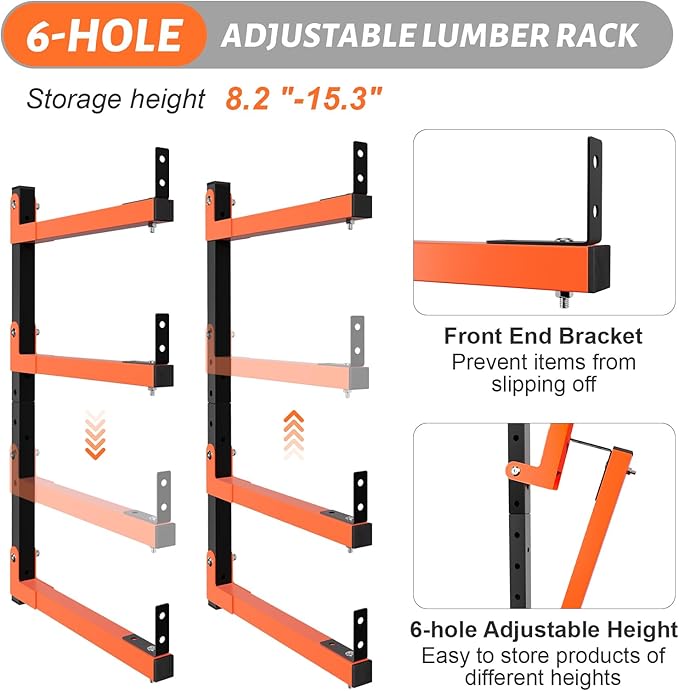27" Lengthened Lumber Storage Rack Wall Mount, 6-Hole Adjustable Wood Organizer Folding Lumber Storage Metal Rack Outdoor Indoor (2 Pack)