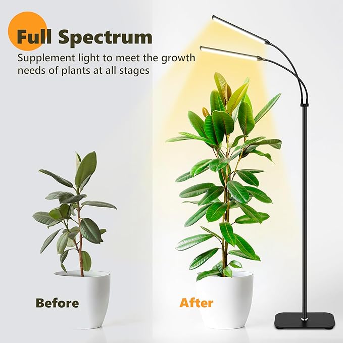 Plant Grow Light Dual Head, 40W Indoor Growing Lights,144LEDs Full Spectrum Wide Illumination Area, 63IN Adjustable Height Stand, 10 Dimmable, 3/9/12H Auto Timer, Floor Lamp for Plants Growth