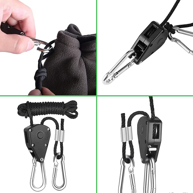 Rope Clip Hanger, 4 Packs 1/8 in Reinforced Adjustable Height Anti-Loose Design Gears Clip for Growing Light Fixtures, Hanging Plants, 8 FT Length 150lbs Weight Capacity