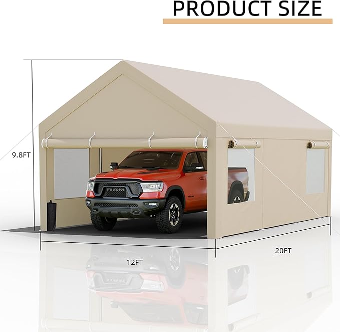 JY QAQA Carport, 10x20 FT Heavy Duty Carport with Removable Side Walls and Doors, Portable Garage with Roll-Up Window and Sandbags, Car Canopy with All-Season Tarp for Cars, Trucks, Boats, Khaki