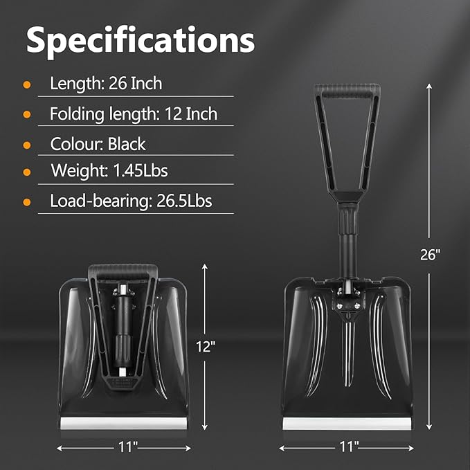 SHANTRA Folding Snow Shovel with Aluminum Edge, D-Grip Portable Shovel for Snow Removal, Lightweight Emergency Snow Shovel, Multifunctional Collapsible Shovel, Shovel For Car Driveway, Garden, Camping