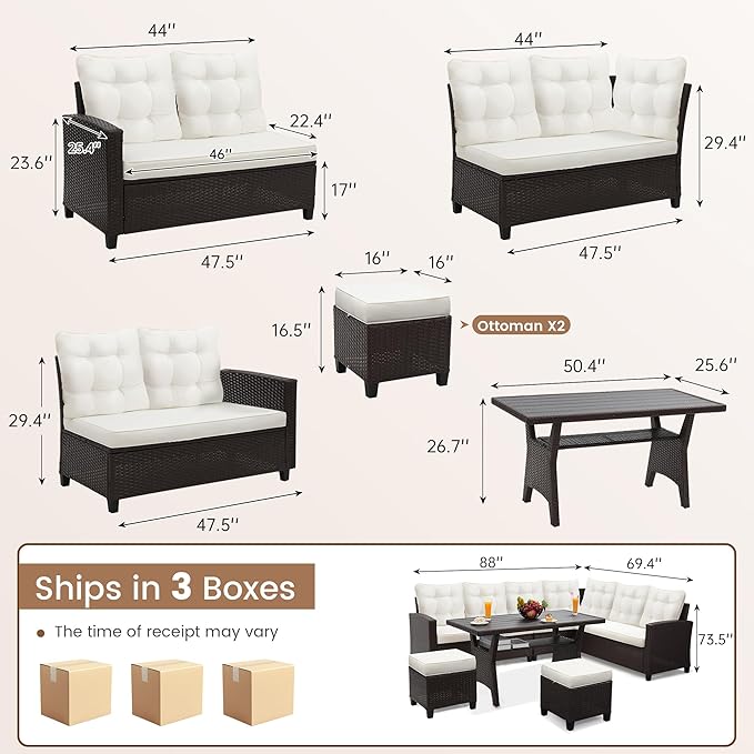 6-Piece Outdoor Patio Furniture Set - Sectional Sofa, Dining Table & Chairs Included, All-Weather Dining Set with Ottoman, Brown Wicker and White Cushions