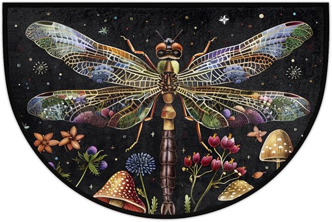 cfpolar Non-Slip Soft Half Round Door Mat, Dragonfly Mushroom Flower Semicircle Mat for Indoor Entrance Garage Bath Living Room Patio 24 x 36 in