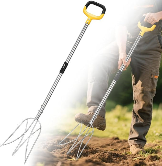 Pitchfork for Gardening, 48.5" Extendable Stainless Steel Garden Pitchfork with Handle, Suitable for Digging, Fertilizing, Transplanting, Multifunctional Garden Fork - 3 Tines