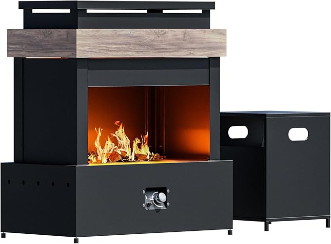 Outdoor Propane Fireplace w Tank Table, 50,000 BTU Gas Fire Pit with Ceramic Logs, Rain Cover, 35 Inch Steel Metal Smokeless Fireplace for Patio, Deck, CSA Certified (35 x 40 Inch)