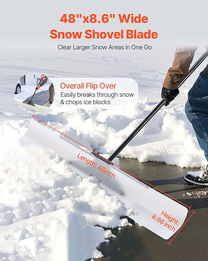 VEVOR Snow Pusher, 48 inch Wide Push Snow Shovel Plow for Driveway, Sidewalks and Doorways with Segmented Handle, Ergonomic Grip and HDPE Plastic Blade