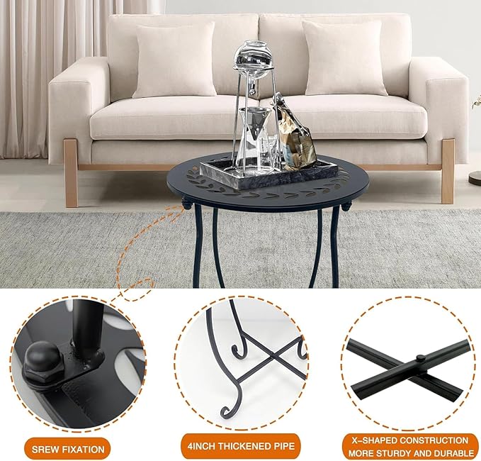 Metal Round Side Table, 2 Pack 14 Inch Bedside Table for Living Room, Weather Resistant Black Metal Outdoor Side Table for Patio Balcony Yard Porch Garden, Plant Stand for Indoor Outdoor Use