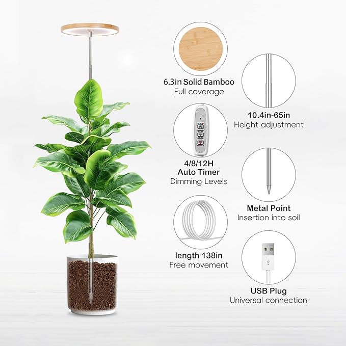 LBW Plant Grow Light Bamboo Plant Grow Lights for Indoor Full Spectrum LED Plant Grow Light, 4/8/12H Recurring Timer