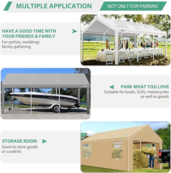 COBIZI Carport 10x20ft Heavy Duty Portable Garage, 2.0 Powder Coated Frame(Better Than Galvanized), Waterproof Shelter with Removable Sidewalls & Windows, Built-in Sandbags, for Car/Boat/SUV, Gray