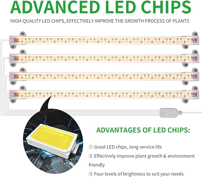 LED Plant Growing lamp, 3000K Full Spectrum Grow Light Strips for Indoor Plants with 3/9/12H Timer & 10 Dimmable Levels, Led Growth Light for Green House Hydroponics Succulent 13In 4Head