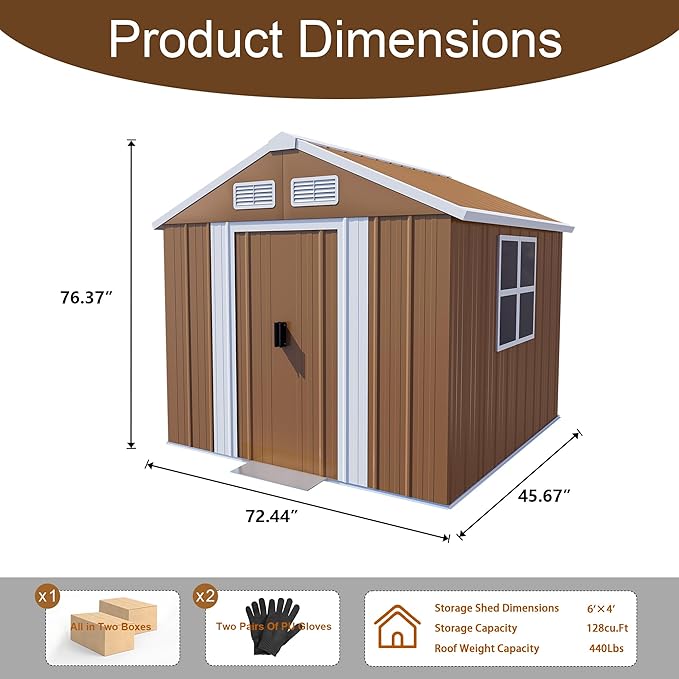 Outdoor Tool Shed 4x6 FT Heavy-Duty Metal Storage Shed with Lockable Door, Windows & Ventilation - Weather-Resistant Roof Garden Shed for Backyard, Patio, Lawn (Brown)