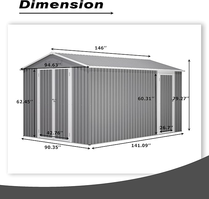 8x12 FT Large Metal Outdoor Storage Shed with Reversible Door Installation, Outdoor Shed w/Aluminium Floor Fram and Lockable Door, Garden Tool Storage Cabinet for Backyard Patio Lawn, Gray