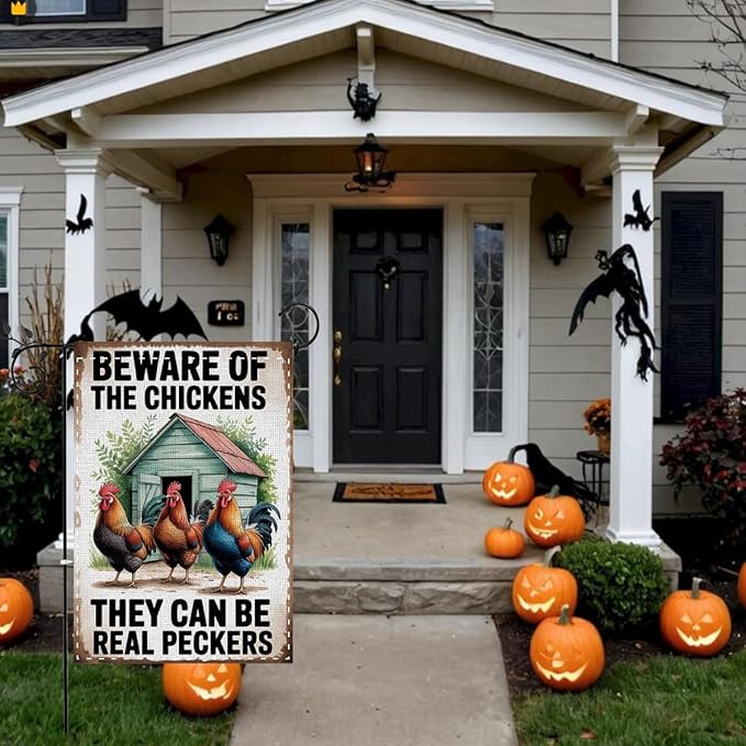 Fokongna Funny Garden Flag, Beware Of The Chickens Farm Funny Chicken Garden Flag, 12x18 Inch Burlap Vertical Double Sided Flags, for Home Yard Outside Decorations