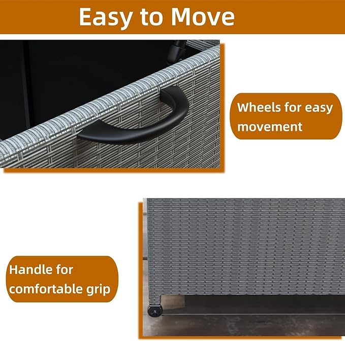GarveeHome 150 Gallon Large Deck Box, Built-In Handles Patio Storage Box for Storage With Wheels, Rattan Waterproof Outdoor Bins for Cushions, Patio Furniture, Garden Tools(Grey)