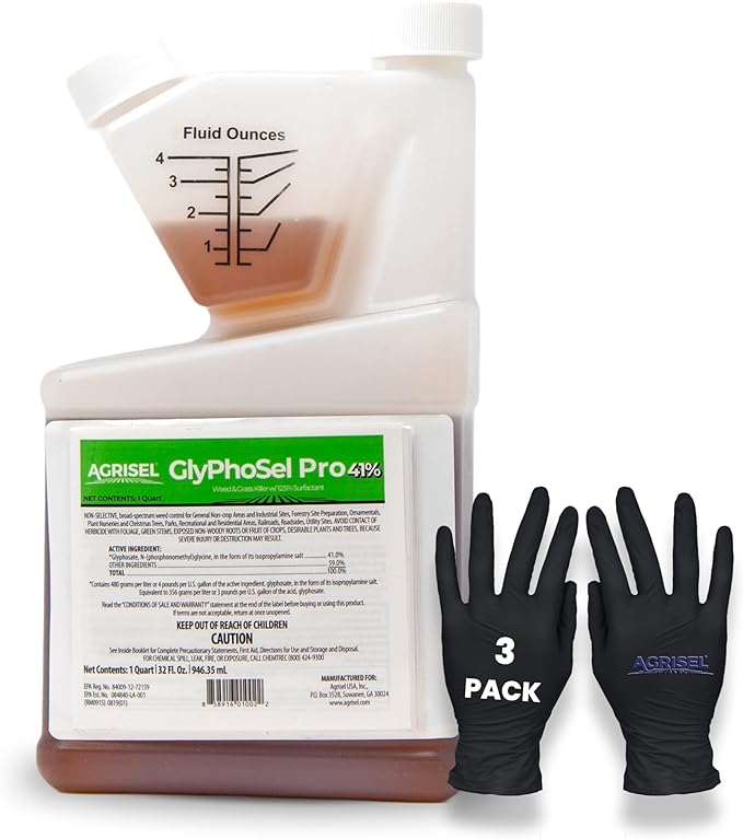 GlyPhoSel Pro Weed Killer, Tackles Hard-to-Kill Weeds, Low-Odor, Easy Mixing, Pet Safe, Includes 3-Pack of Agrisel Protective Gloves, 32 Ounces