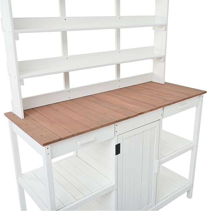 66" Outdoor Potting Bench Workstation - Farmhouse Style Wooden Garden Table with Drawers, Cabinet & Open Shelves (White + Solid Wood + naturalwood Color)