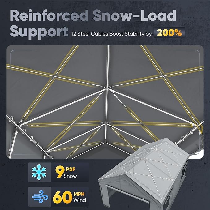 Quictent Heavy Duty 12x20 ft Carports with Side Zipper Doors & Snowproof Steel Cables & Ventilated Windows, Waterproof Storage Shelter for Car, Boat, RV, Outdoor Equipment, Gray