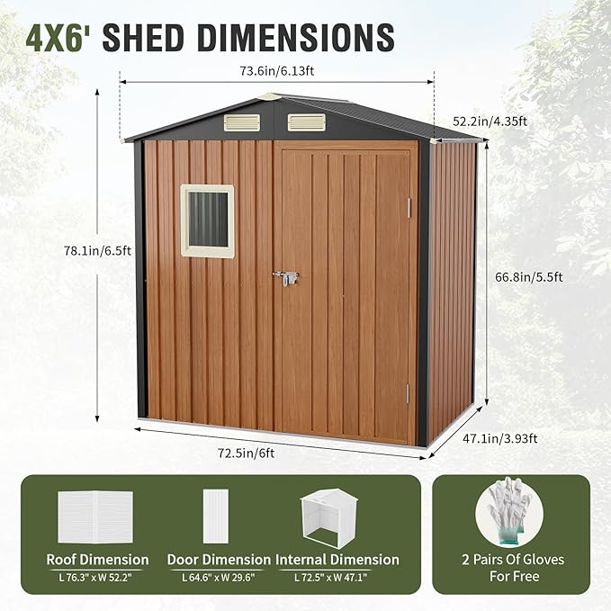 Outdoor Storage Shed 6x4 Ft, Lockable Metal Garden Shed with Window, Tool Shed Tiny House Vertical Outside Storage Building for Backyard, Lawn, Patio, Bike