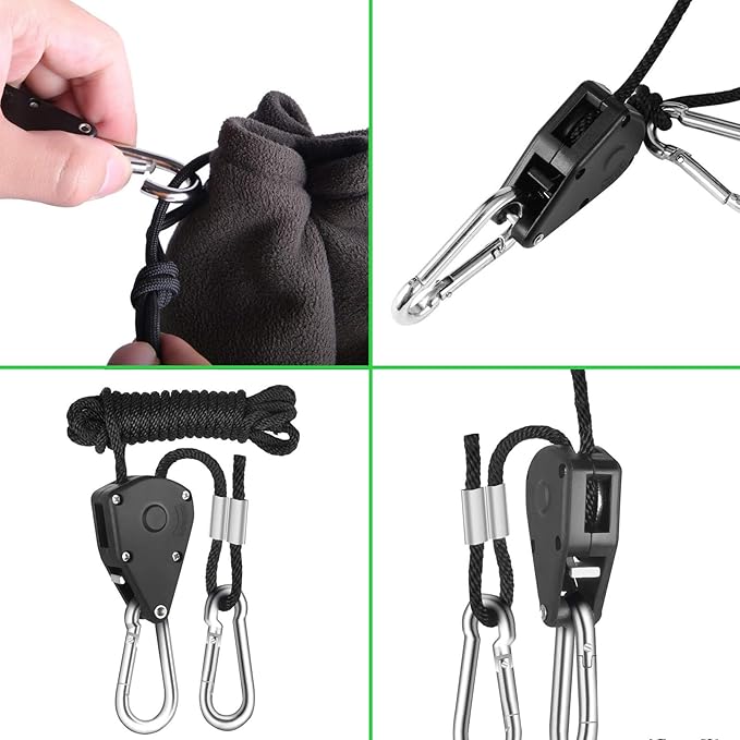 Rope Clip Hanger, 6 Packs 1/8 in Reinforced Adjustable Height Anti-Loose Design Gears Clip for Growing Light Fixtures, Hanging Plants, 8 FT Length 150lbs Weight Capacity